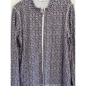 T for Talbots Shacket Geo Pink Navy White, Long Sleeve Front Zip Collared, SZ L